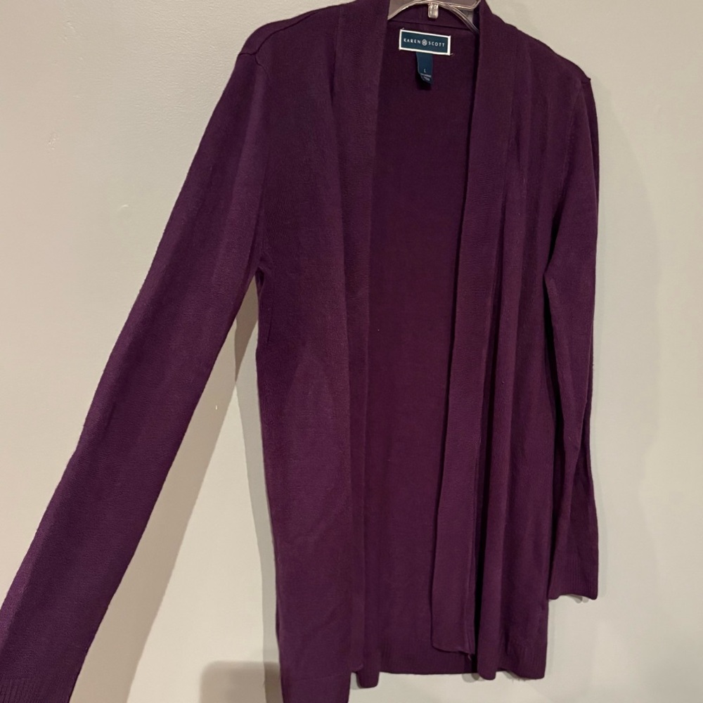 Karen Scott Deep Grape Purple Open Front Cardigan Size L Soft Comfy Flowy - Picture 2 of 4